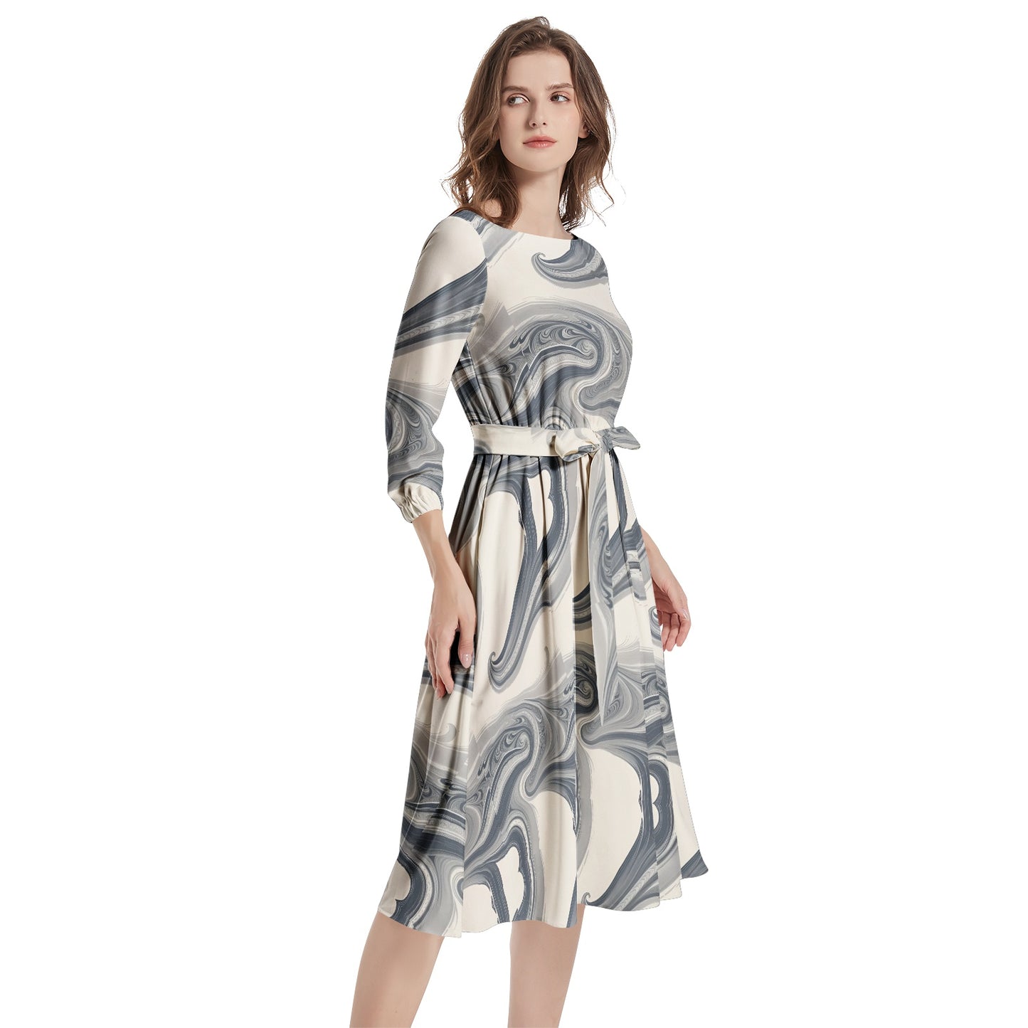 Boat Neck Belted Flared Dress