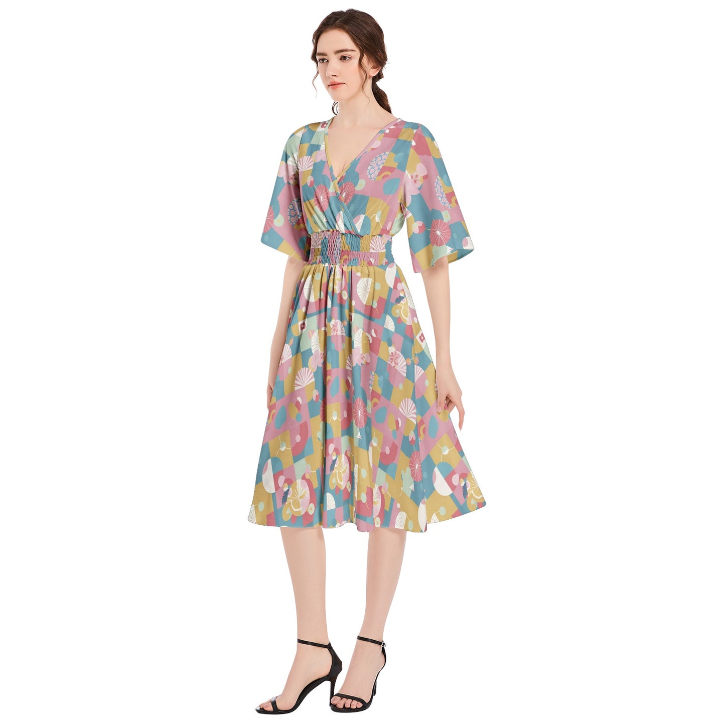 Butterfly Sleeve Shirred High Waist A Line Midi Dress