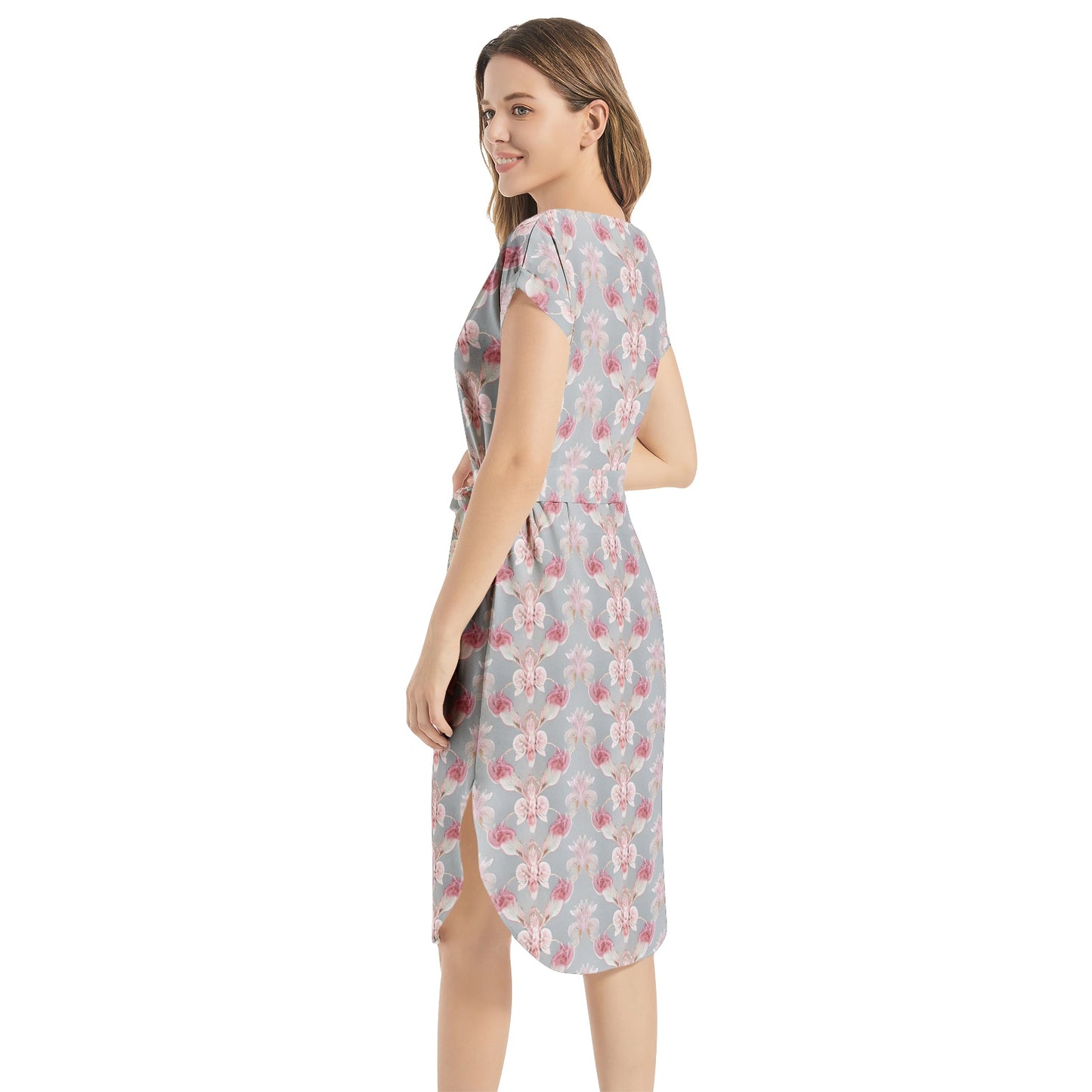 Notched Neck Belted Dress