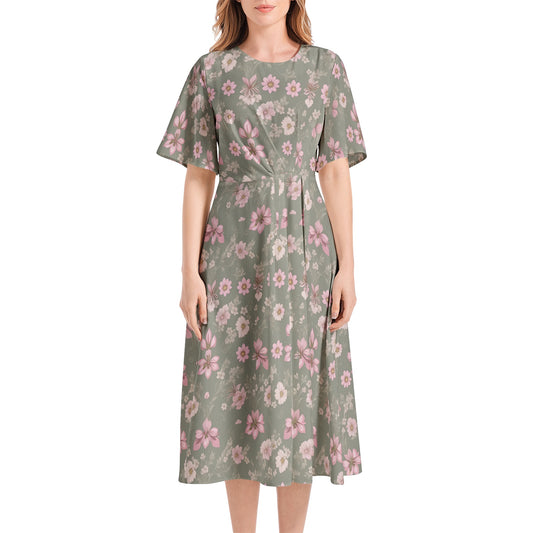 Short Sleeve Waist Folding Midi Dress