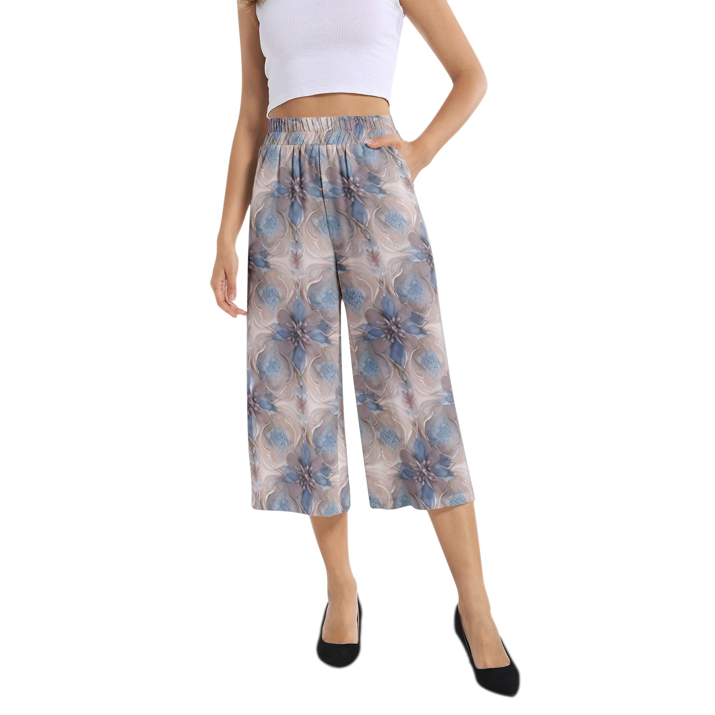 Elastic Waist Capris Wide Leg Pant