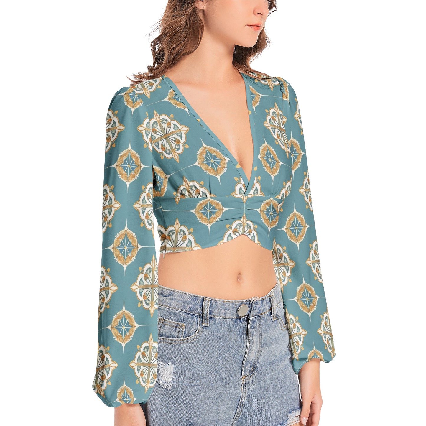 Women's Deep V-Neck Lantern Sleeve Crop Top