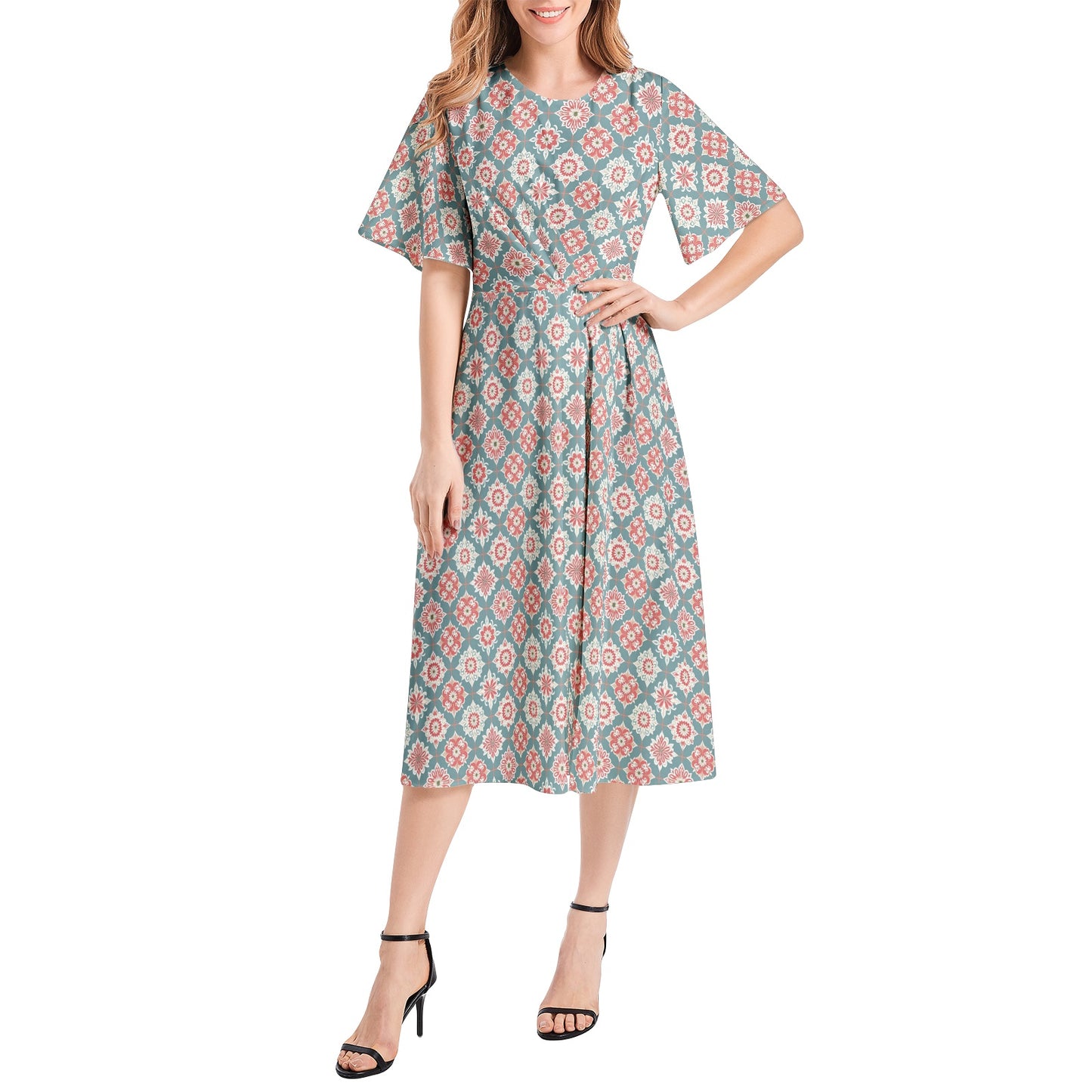 Short Sleeve Waist Folding Midi Dress