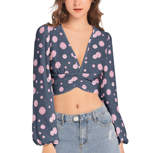 Women's Deep V-Neck Lantern Sleeve Crop Top