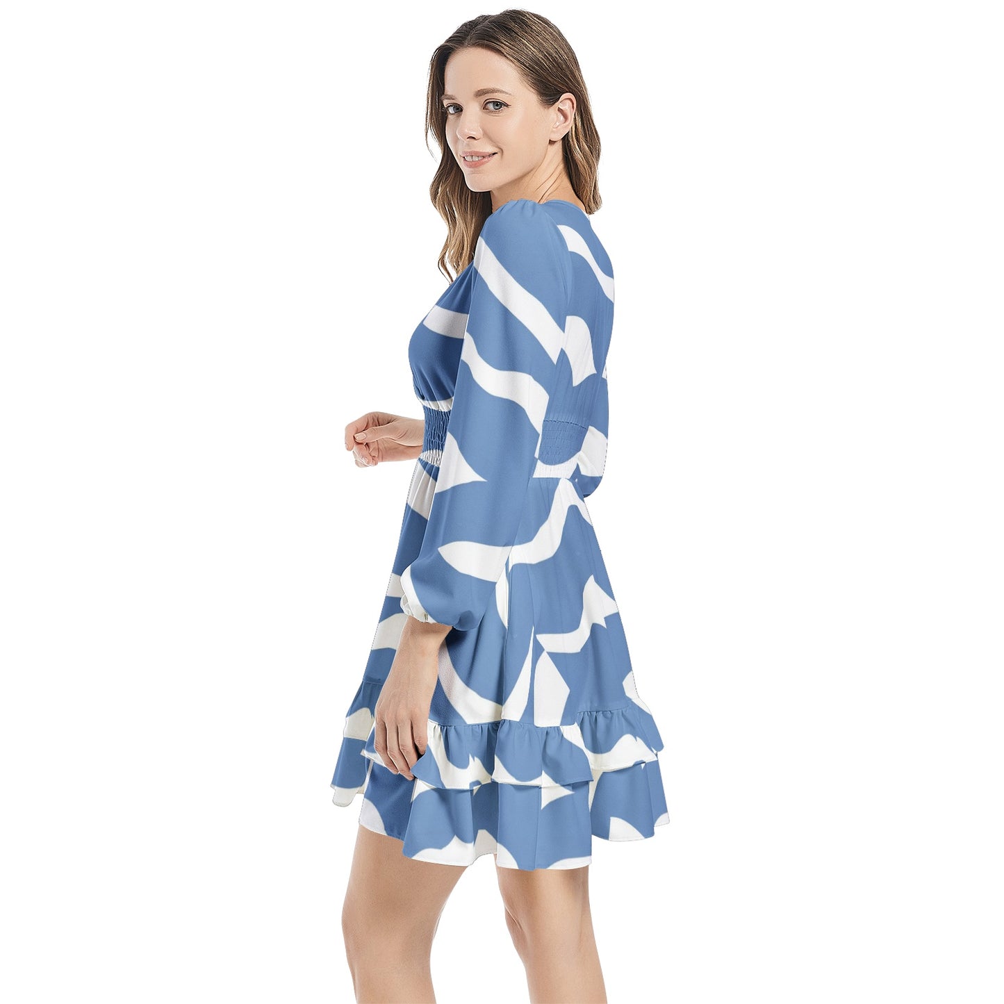 Long Sleeve Tiered Ruffle Hem Elastic Waist Mini Dress