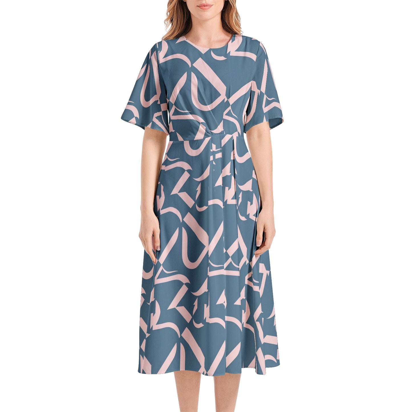 Short Sleeve Waist Folding Midi Dress