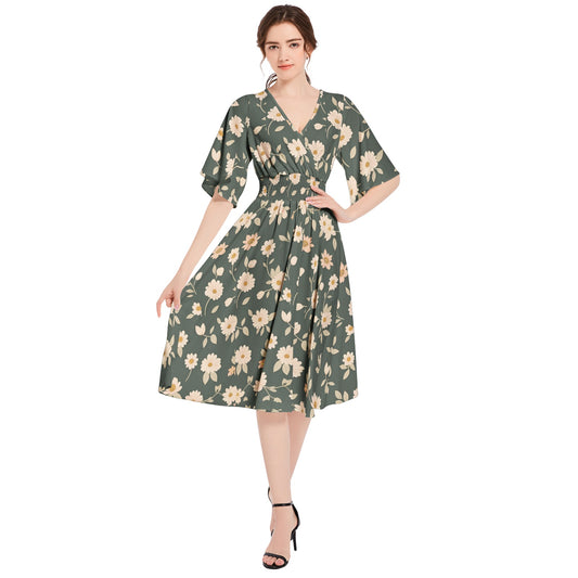 Butterfly Sleeve Shirred High Waist A Line Midi Dress