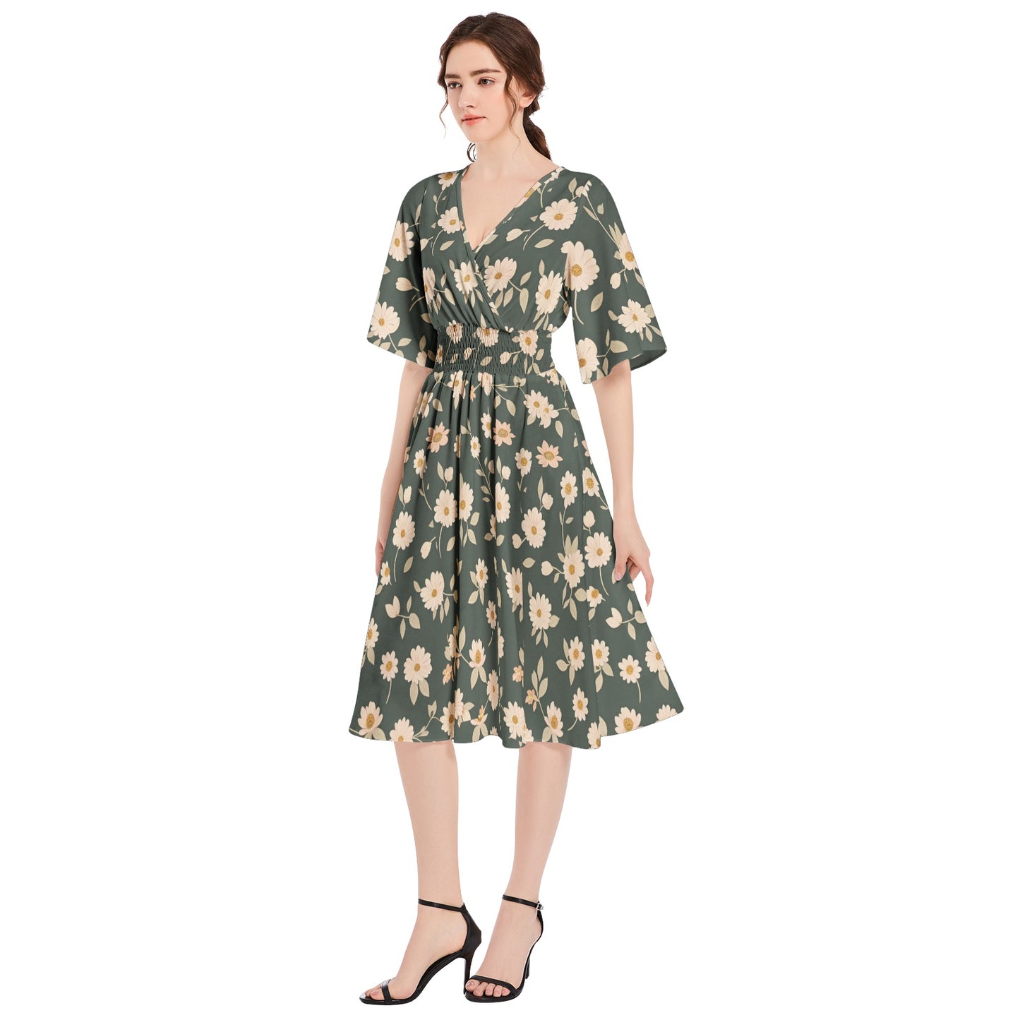 Butterfly Sleeve Shirred High Waist A Line Midi Dress