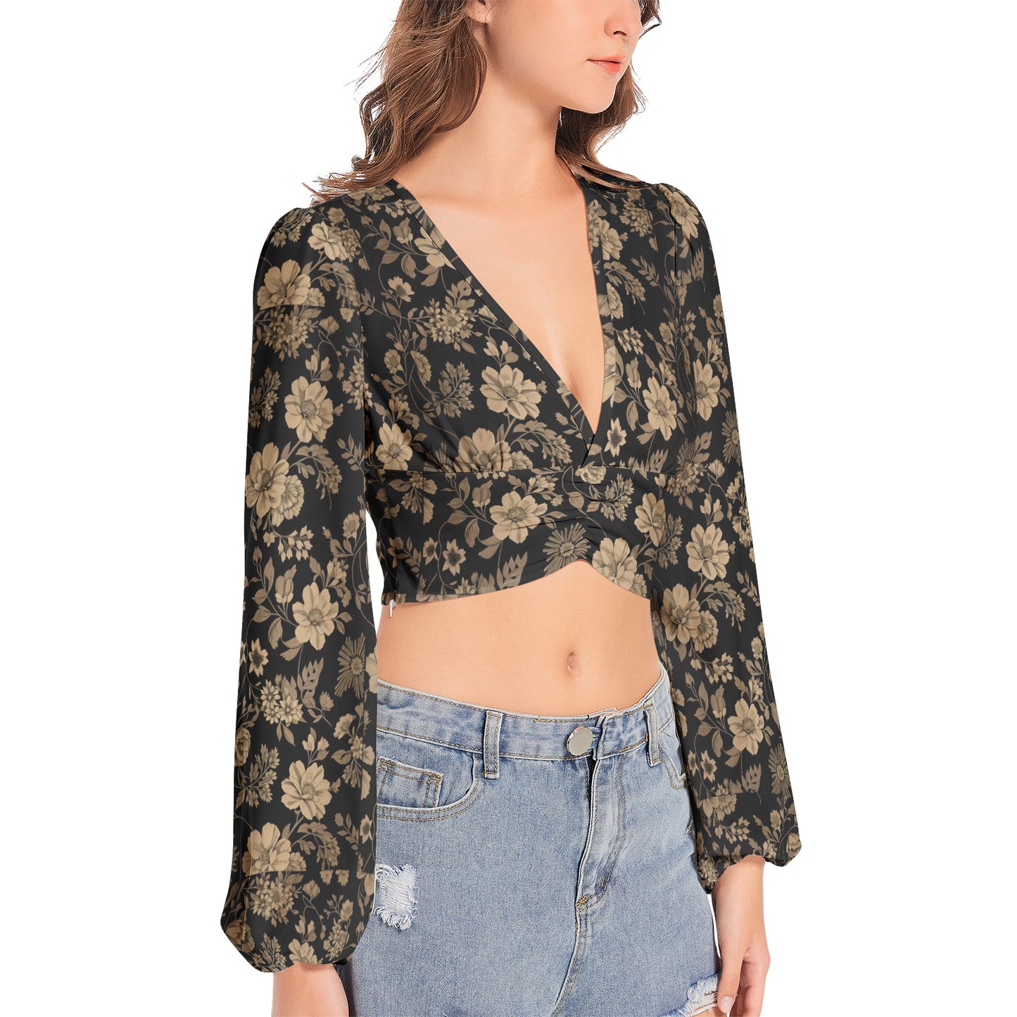 Women's Deep V-Neck Lantern Sleeve Crop Top