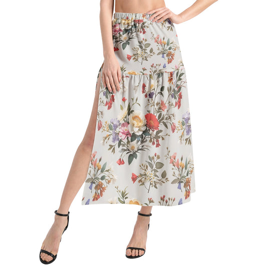 Elastic Waist Ruffle Slit Hem Skirt