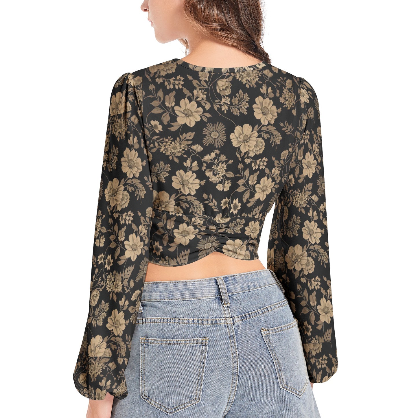 Women's Deep V-Neck Lantern Sleeve Crop Top