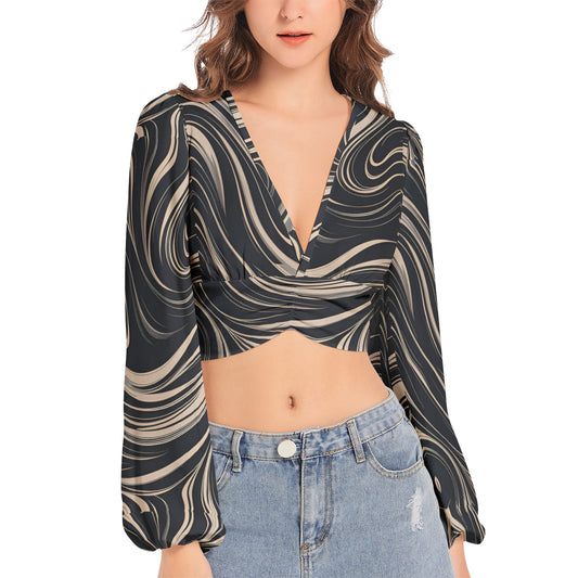 Women's Deep V-Neck Lantern Sleeve Crop Top