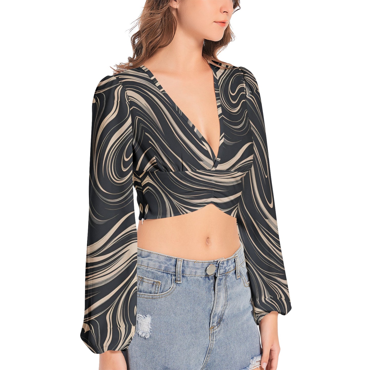 Women's Deep V-Neck Lantern Sleeve Crop Top