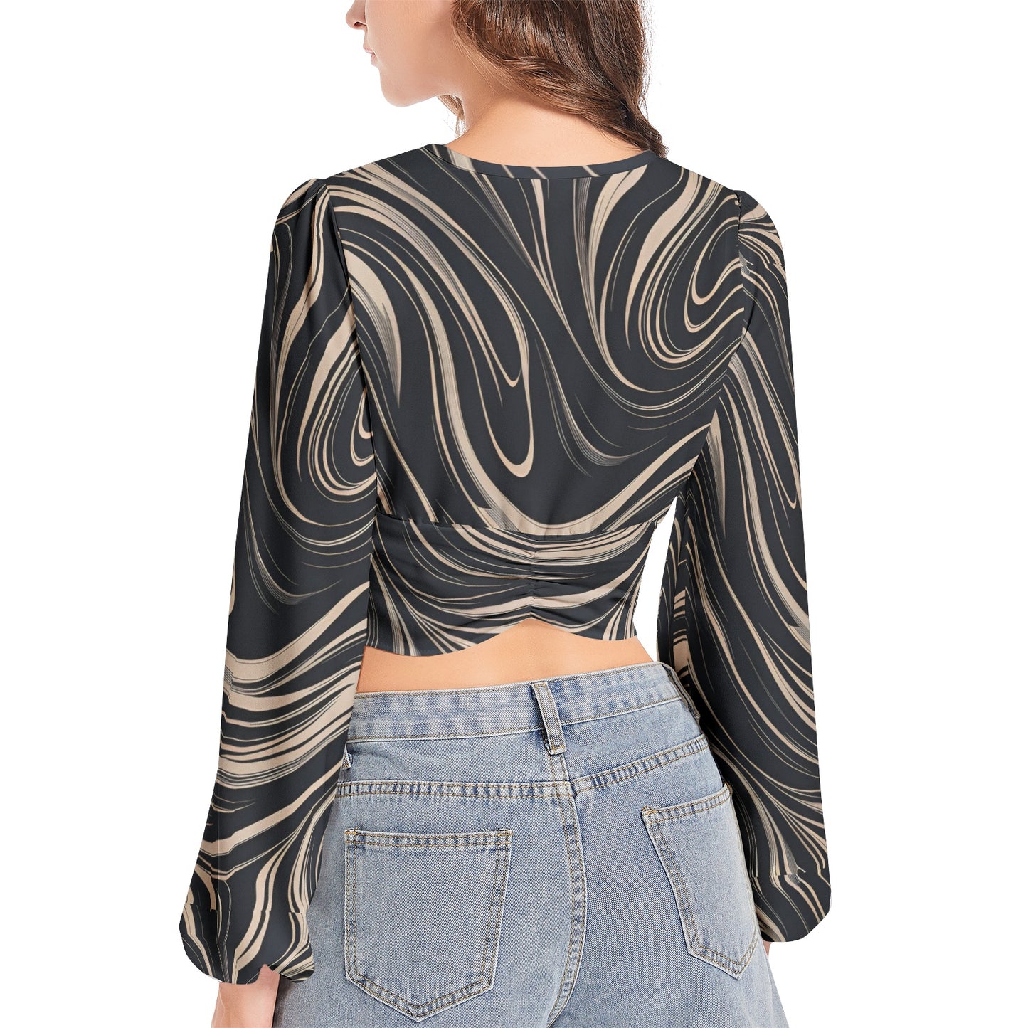 Women's Deep V-Neck Lantern Sleeve Crop Top