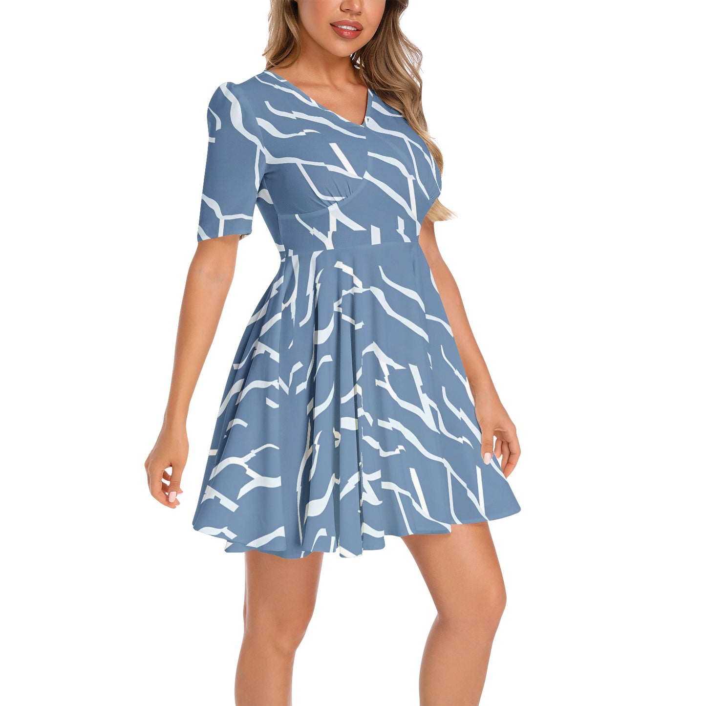 Short Sleeve Ruched Bust Flared Hem Dress