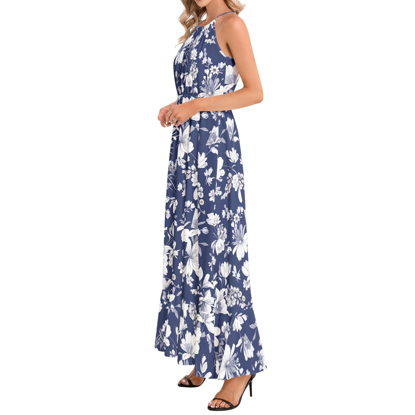 Ruffle Hem Halter Neck Maxi Dress