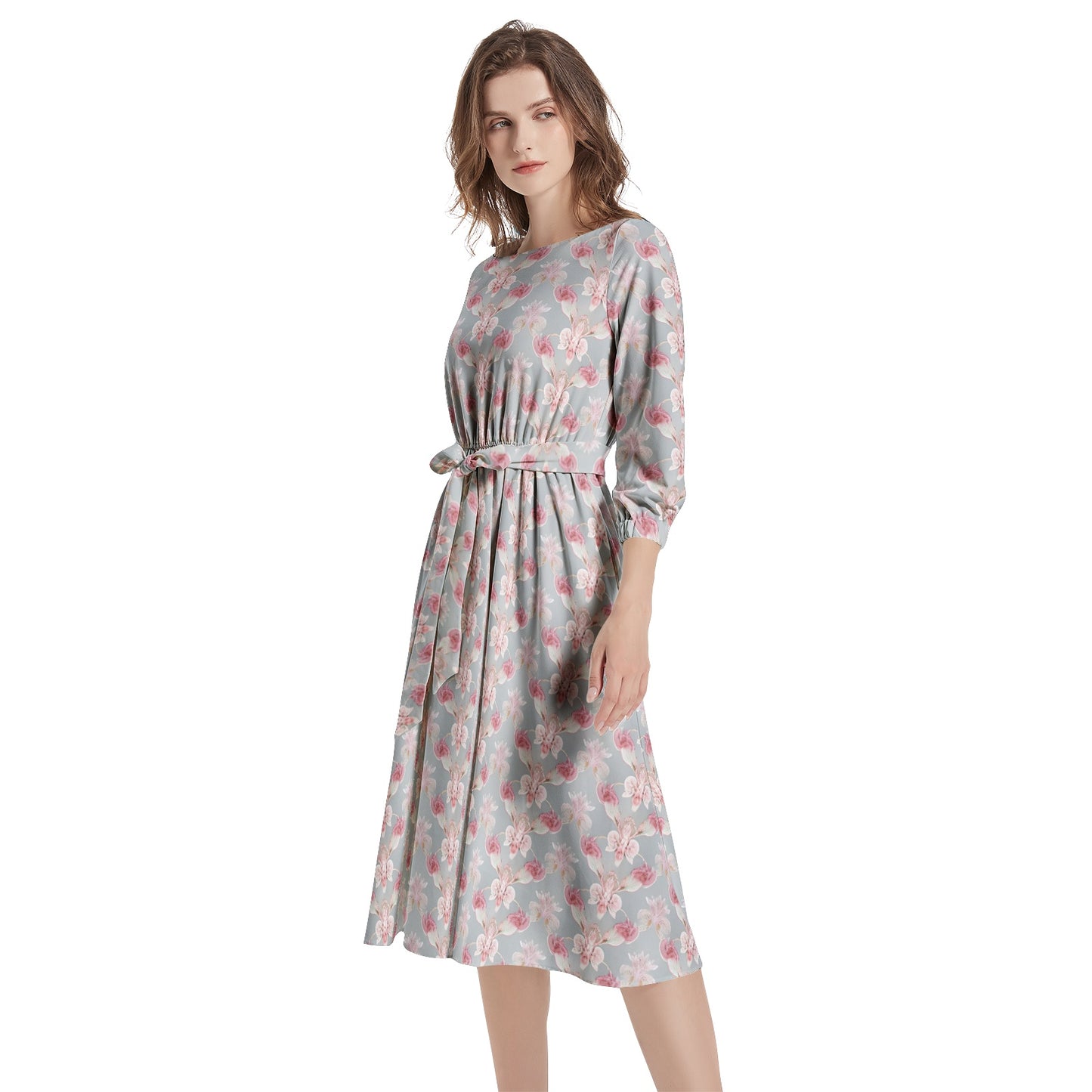 Boat Neck Belted Flared Dress