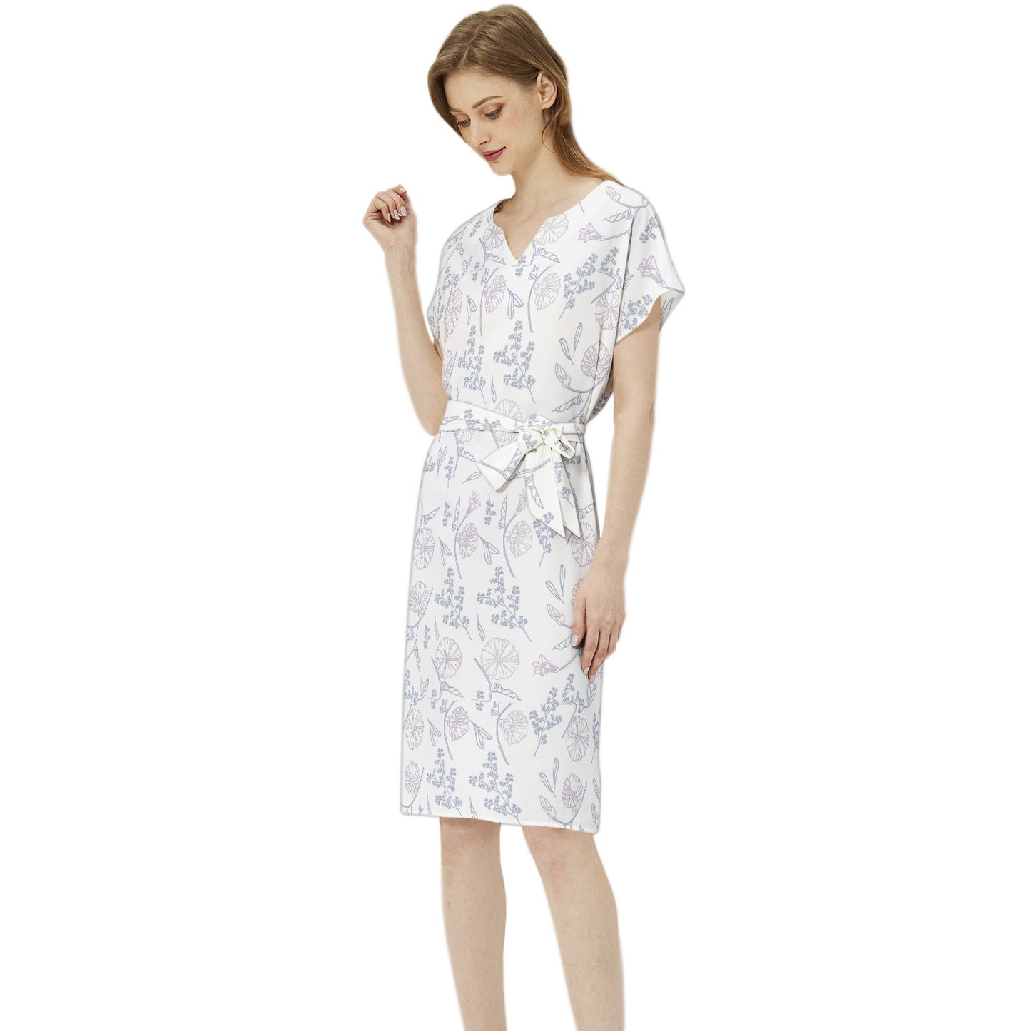 Betwing Seleeve Notch Neck Casual Dress with Belt