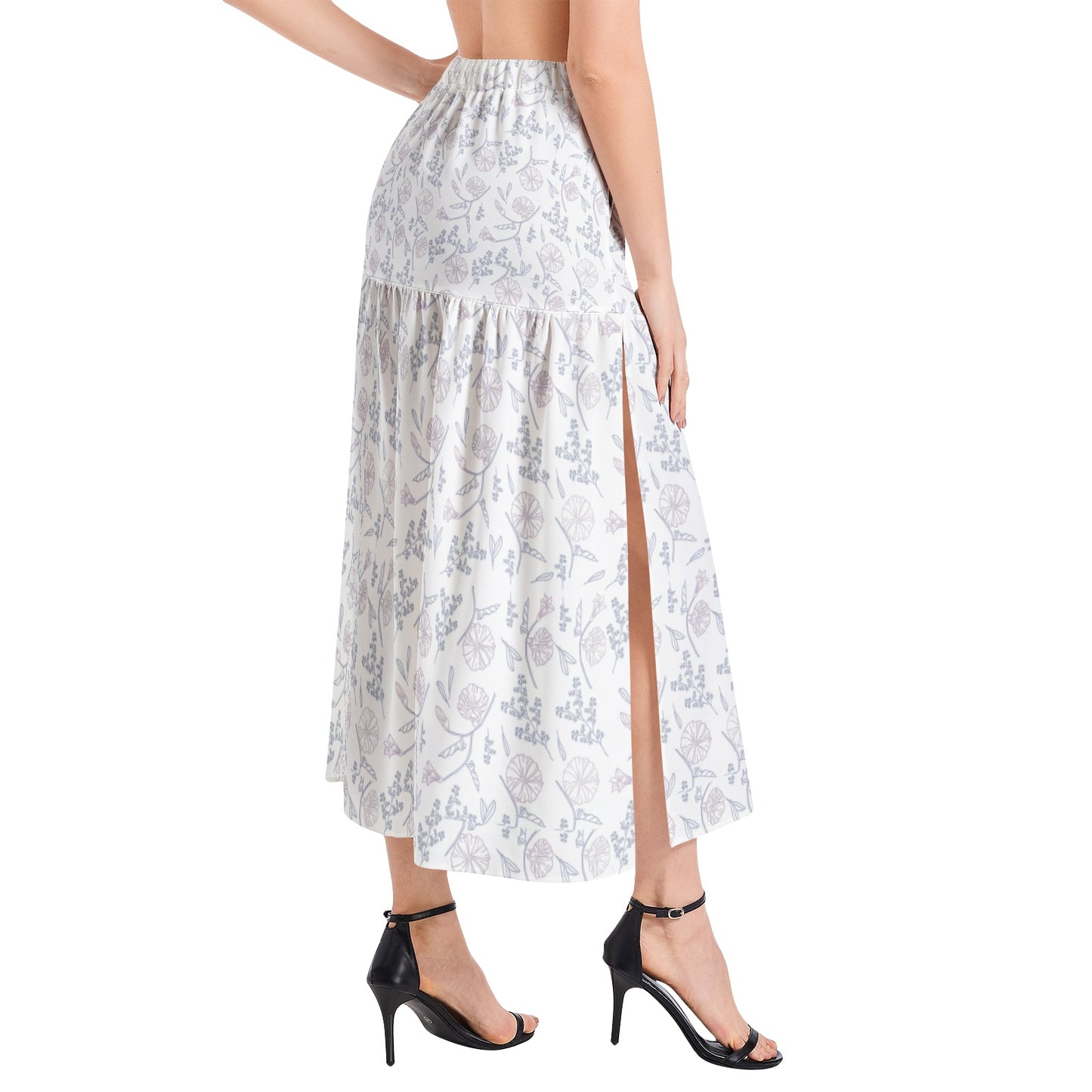 Elastic Waist Ruffle Slit Hem Skirt