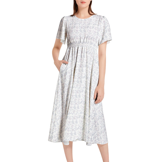 Short Sleeve Shirred Waist Midi Dress