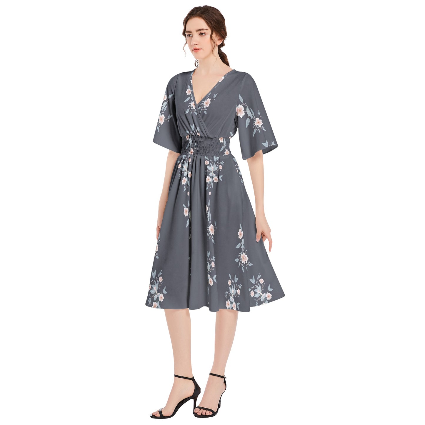 Butterfly Sleeve Shirred High Waist A Line Midi Dress