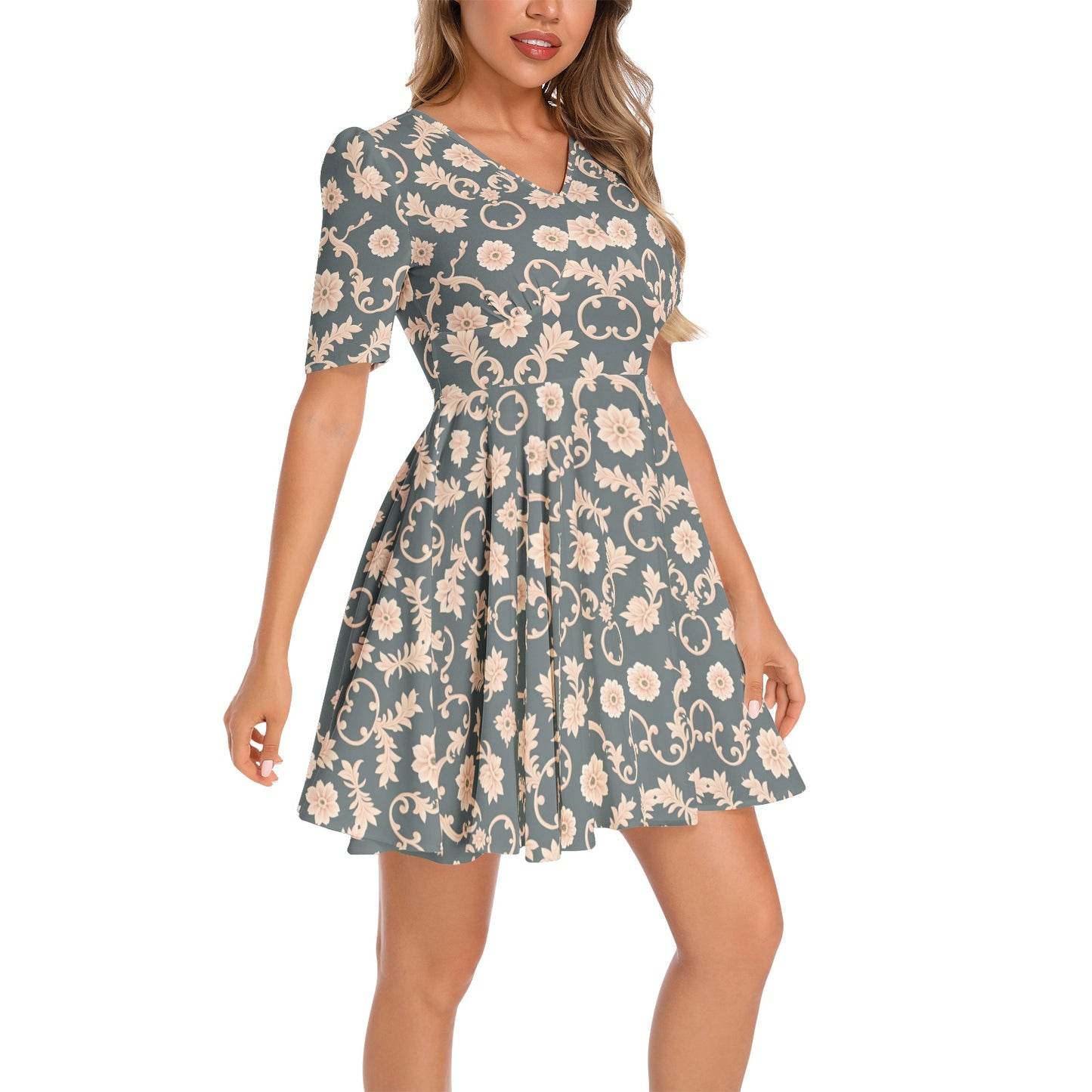 Short Sleeve Ruched Bust Flared Hem Dress