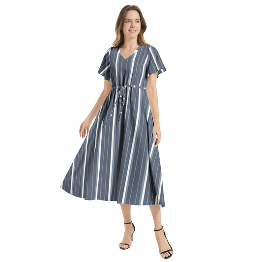 Flutter Sleeve Drawstring Waist Flared Dress