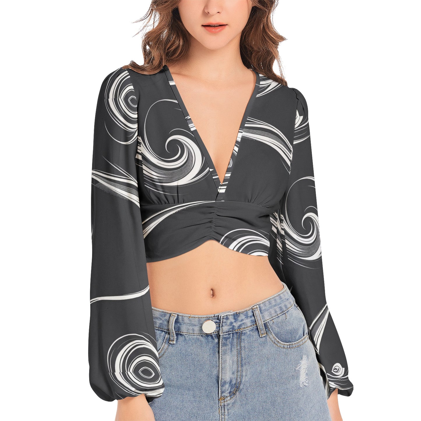 Women's Deep V-Neck Lantern Sleeve Crop Top