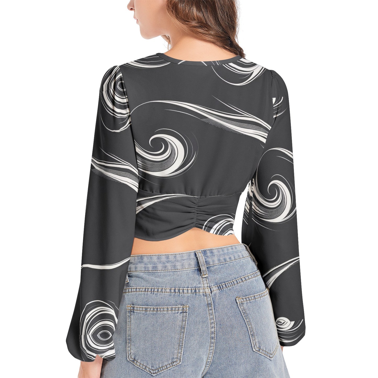 Women's Deep V-Neck Lantern Sleeve Crop Top