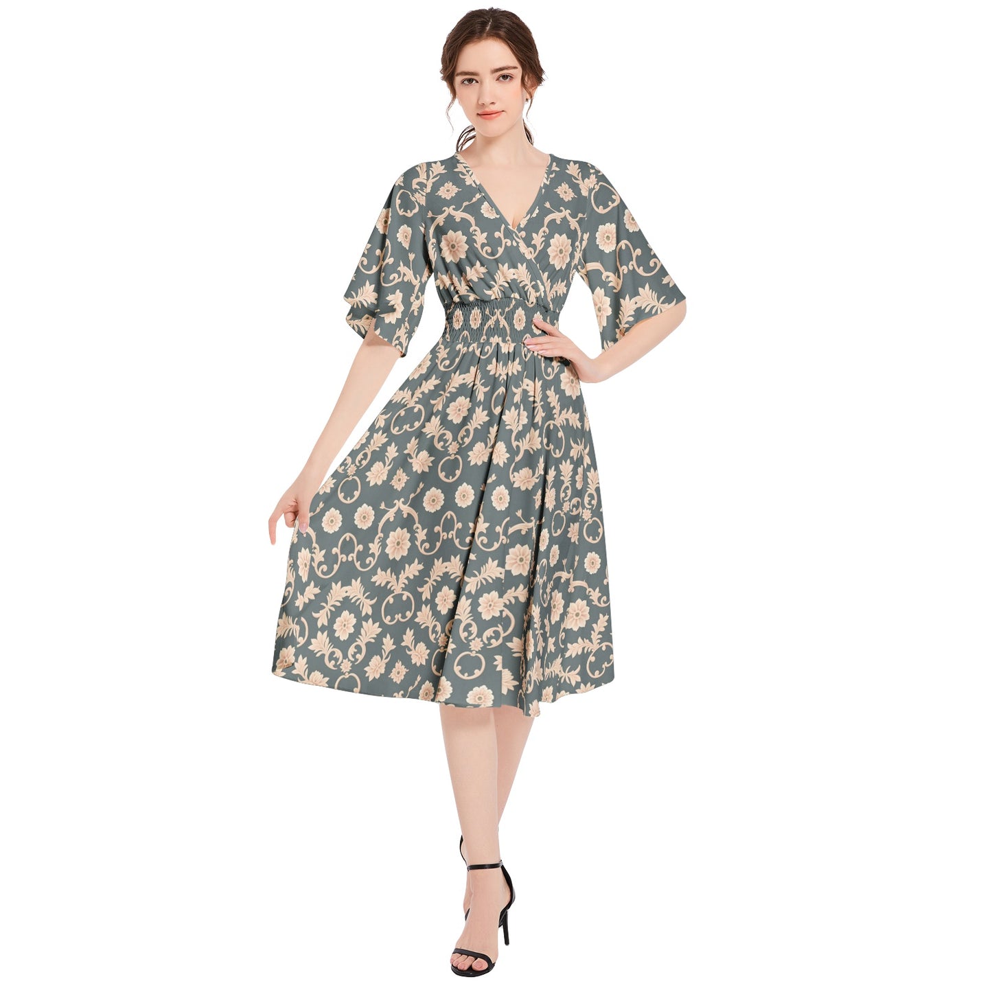 Butterfly Sleeve Shirred High Waist A Line Midi Dress