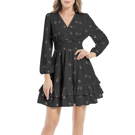 Long Sleeve Tiered Ruffle Hem Elastic Waist Mini Dress