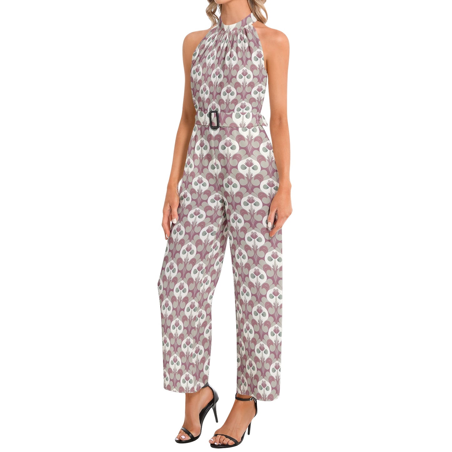 Halter Neck Buckle Belted Jumpsuit