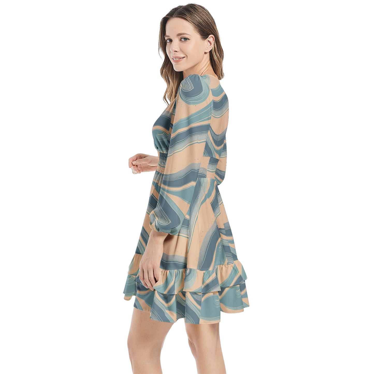 Long Sleeve Tiered Ruffle Hem Elastic Waist Mini Dress