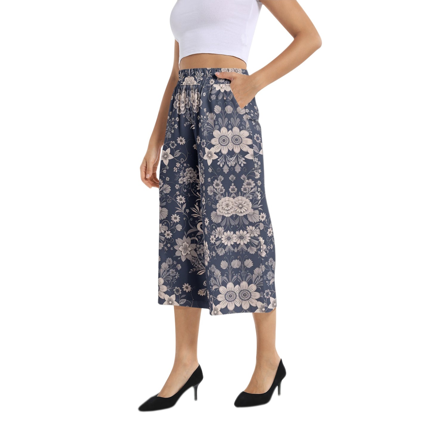 Elastic Waist Capris Wide Leg Pant