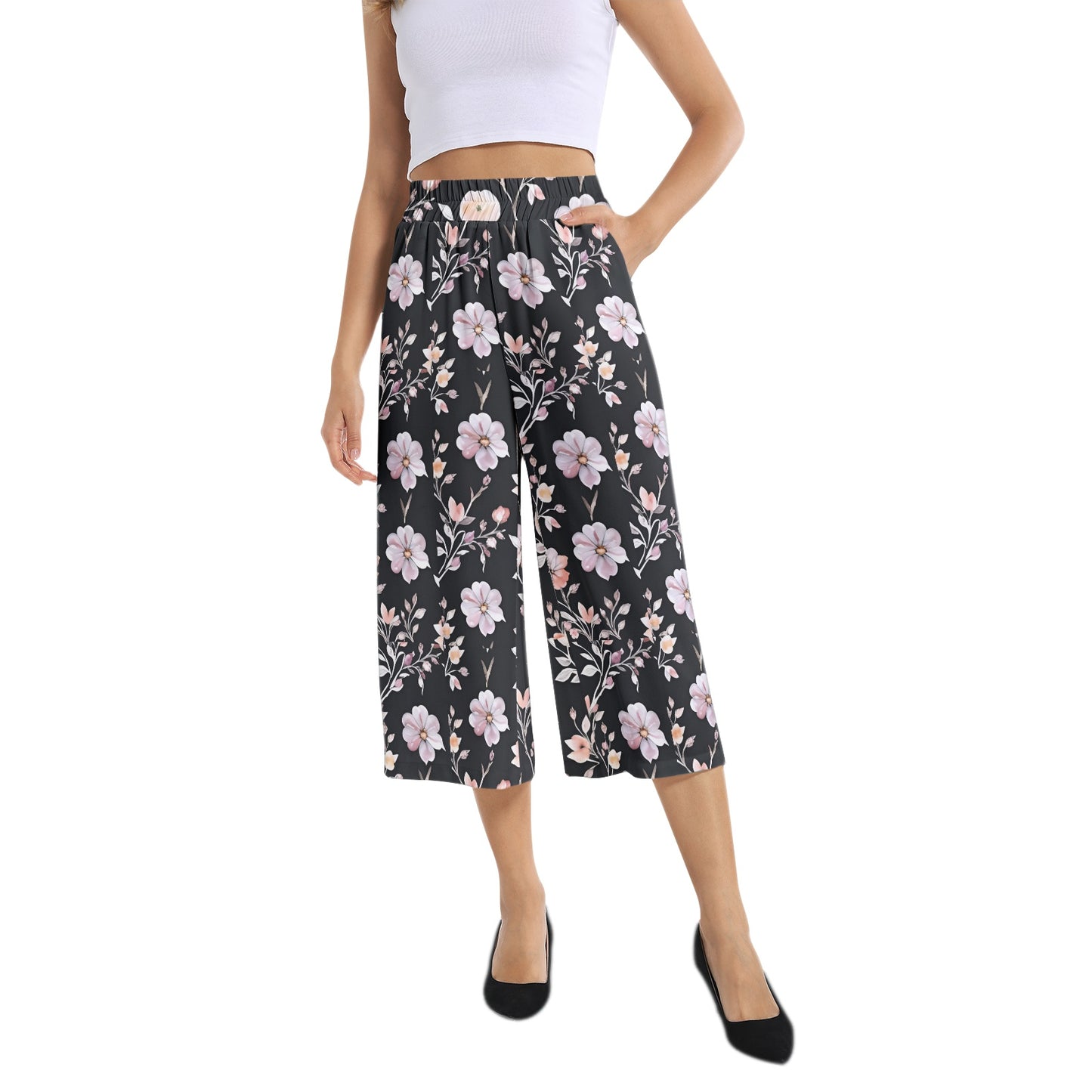 Elastic Waist Capris Wide Leg Pant