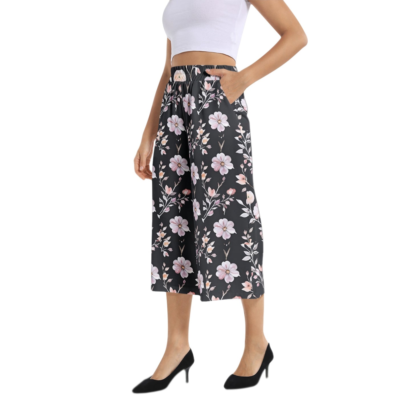 Elastic Waist Capris Wide Leg Pant