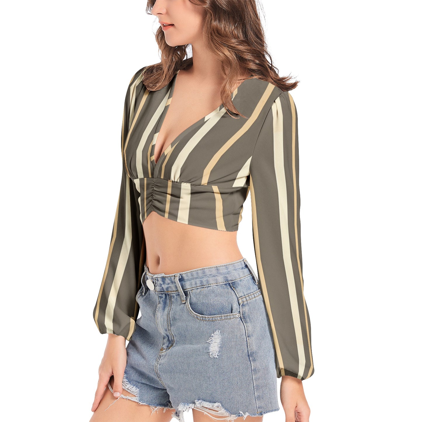 Women's Deep V-Neck Lantern Sleeve Crop Top