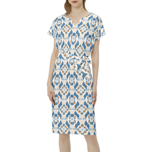 Betwing Seleeve Notch Neck Casual Dress with Belt