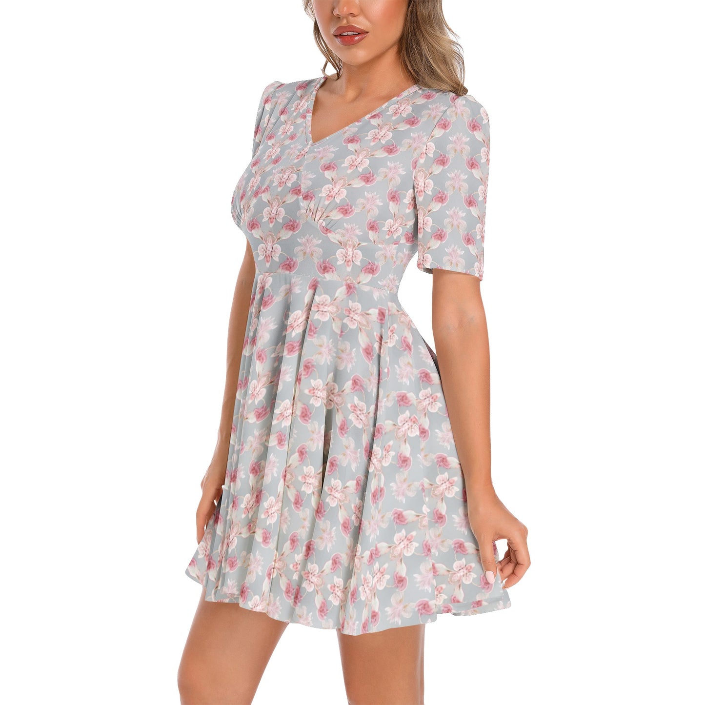 Short Sleeve Ruched Bust Flared Hem Dress