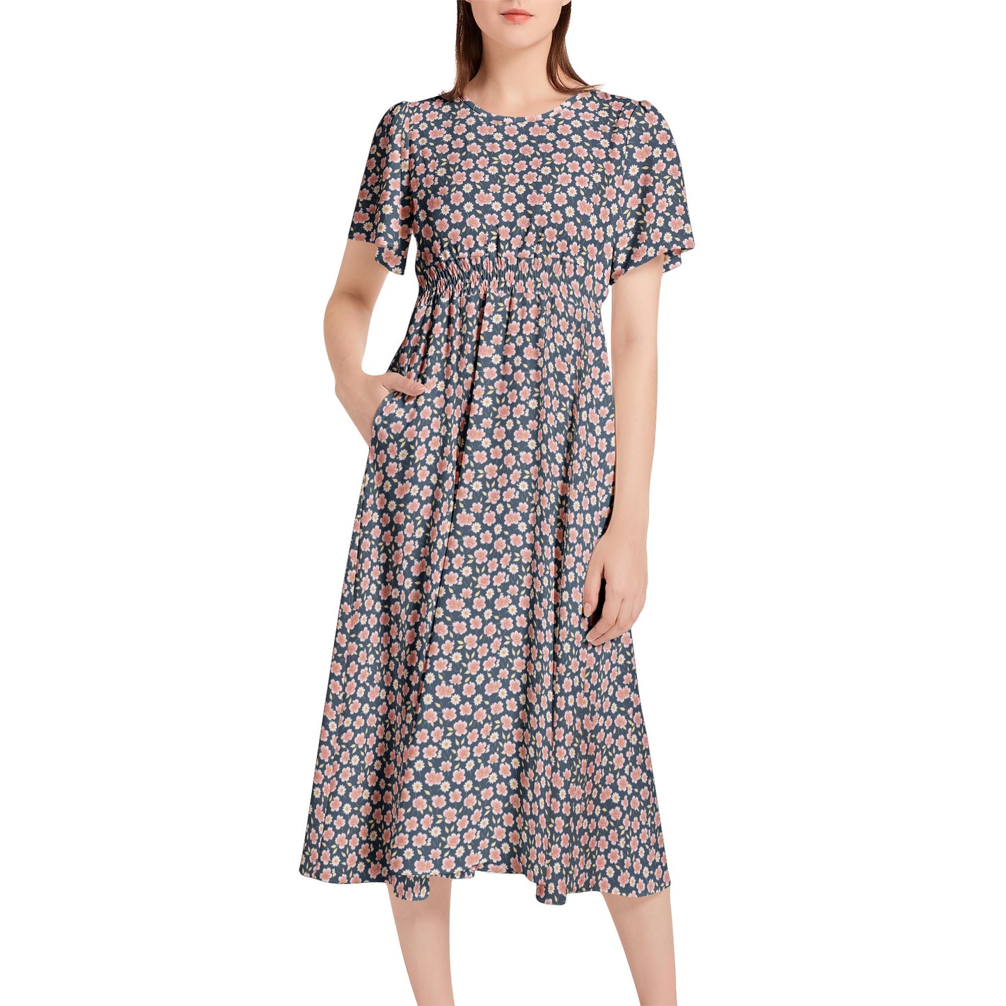 Short Sleeve Shirred Waist Midi Dress