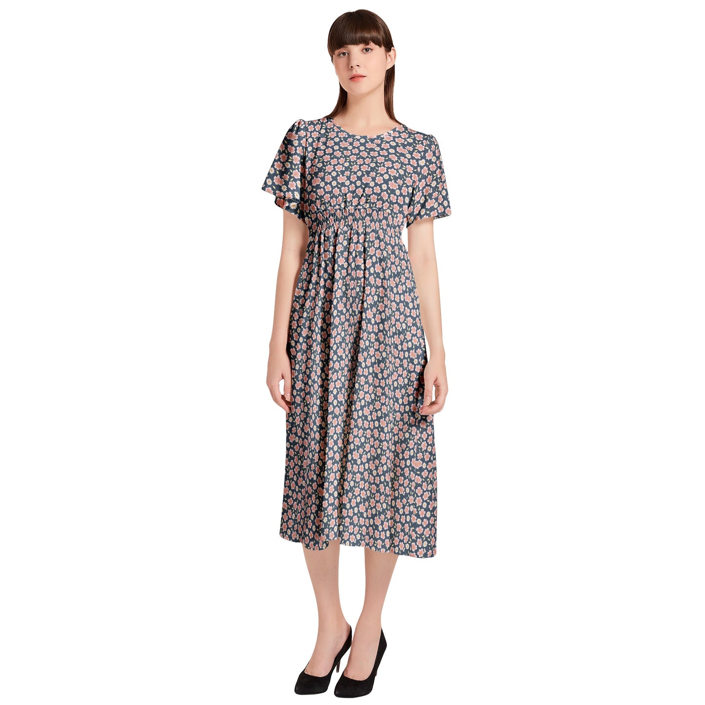 Short Sleeve Shirred Waist Midi Dress