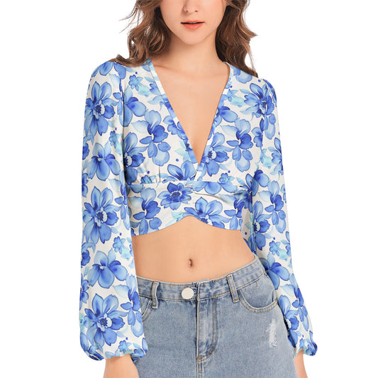 Women's Deep V-Neck Lantern Sleeve Crop Top