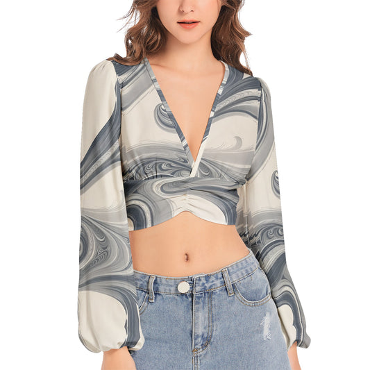 Women's Deep V-Neck Lantern Sleeve Crop Top