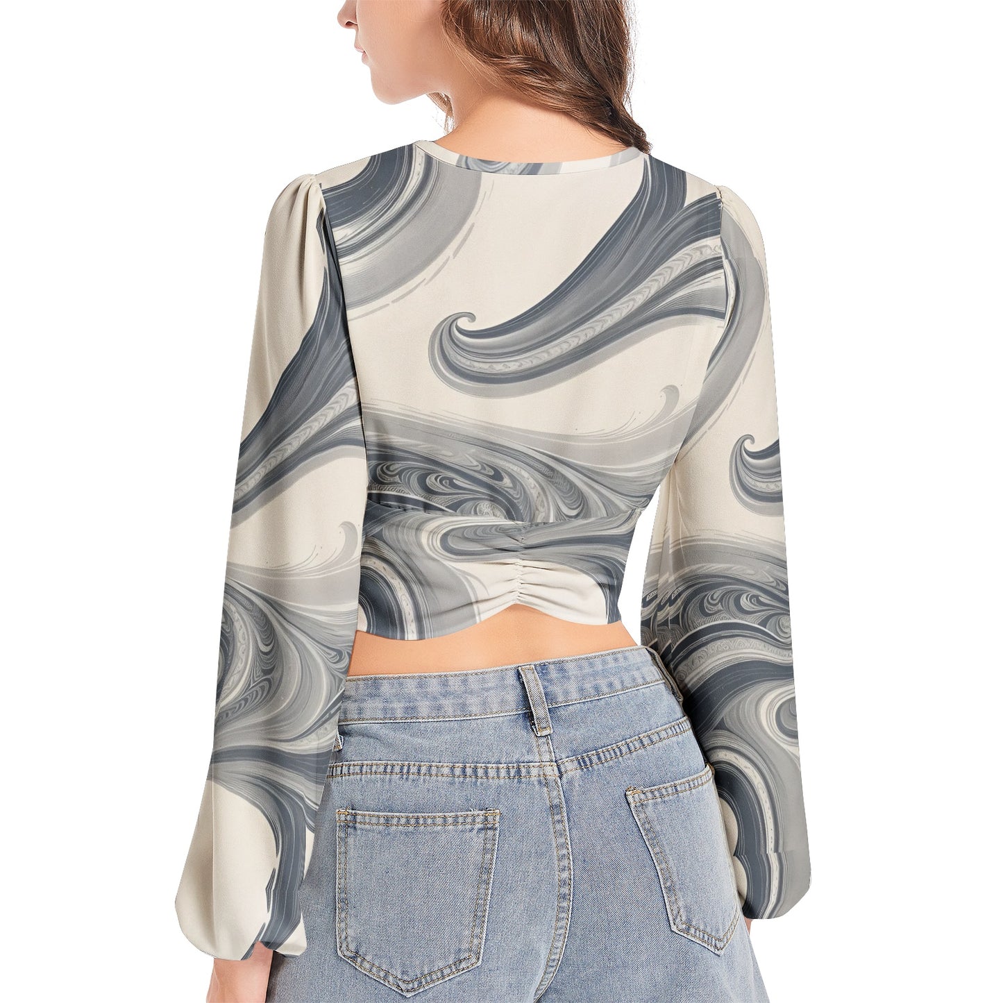 Women's Deep V-Neck Lantern Sleeve Crop Top