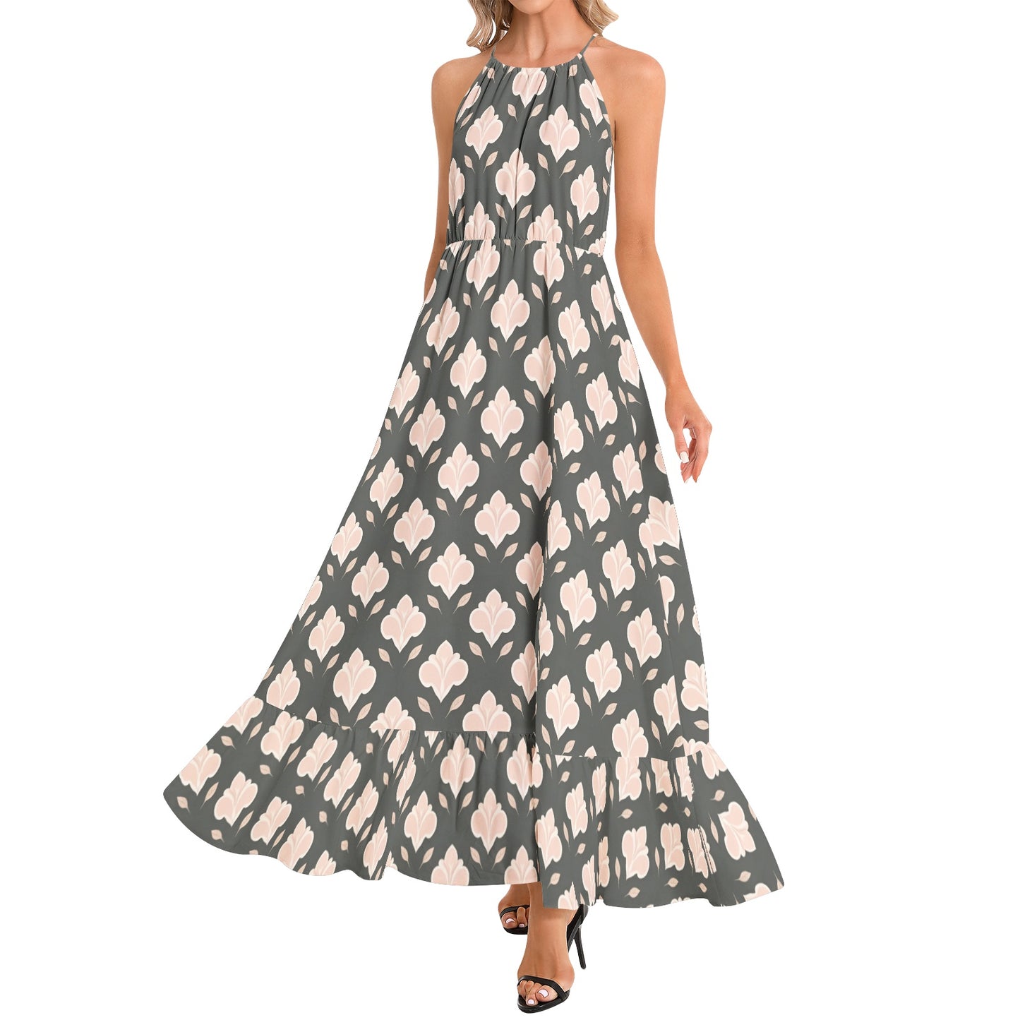 Ruffle Hem Halter Neck Maxi Dress