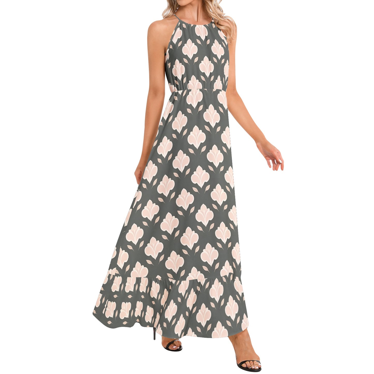 Ruffle Hem Halter Neck Maxi Dress