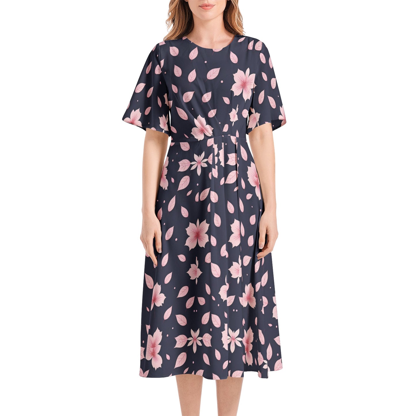 Short Sleeve Waist Folding Midi Dress