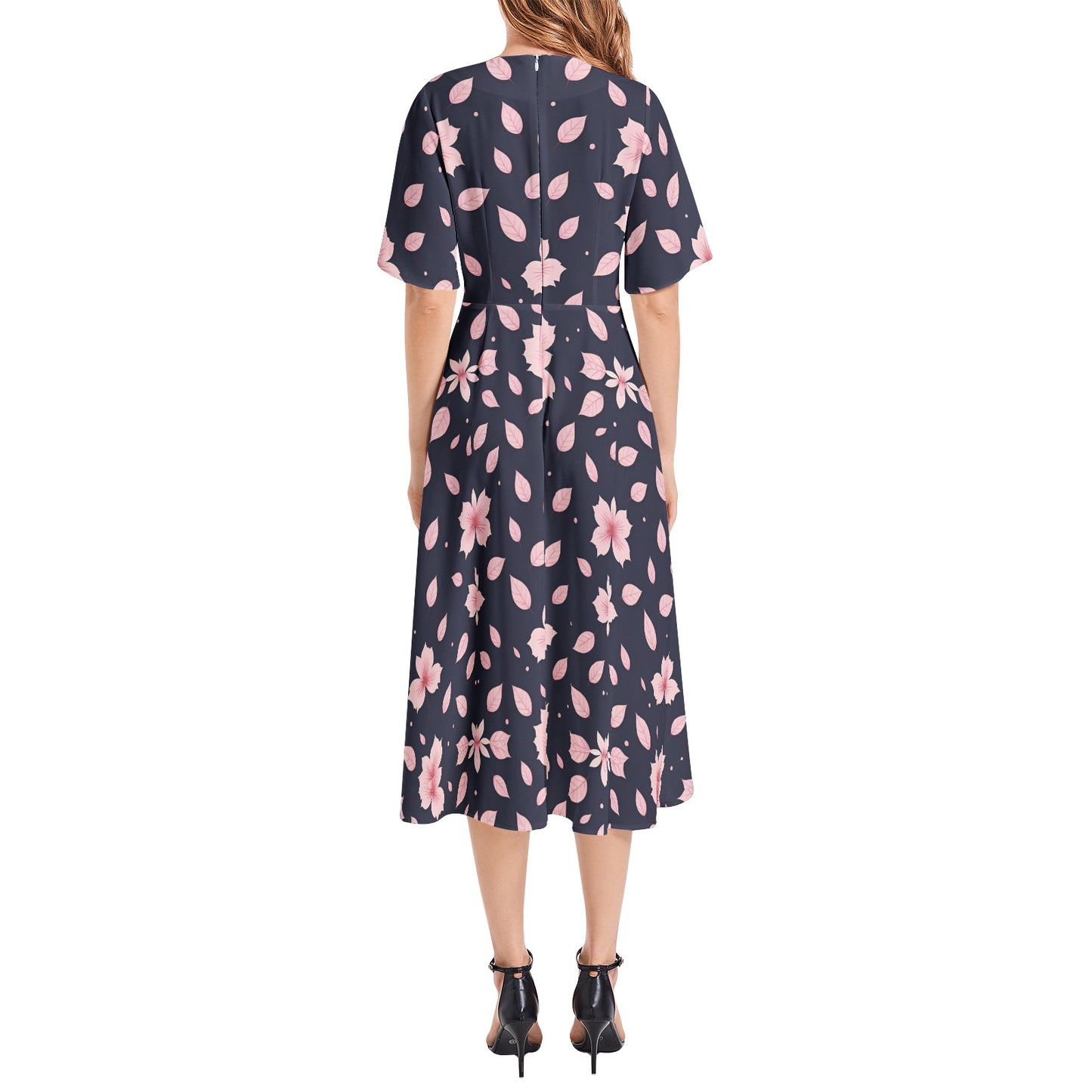 Short Sleeve Waist Folding Midi Dress