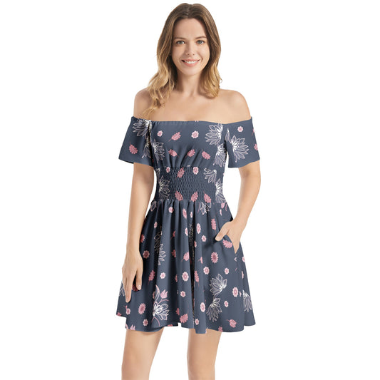 Off Shoulder Shirred Waist Flared Mini Dress