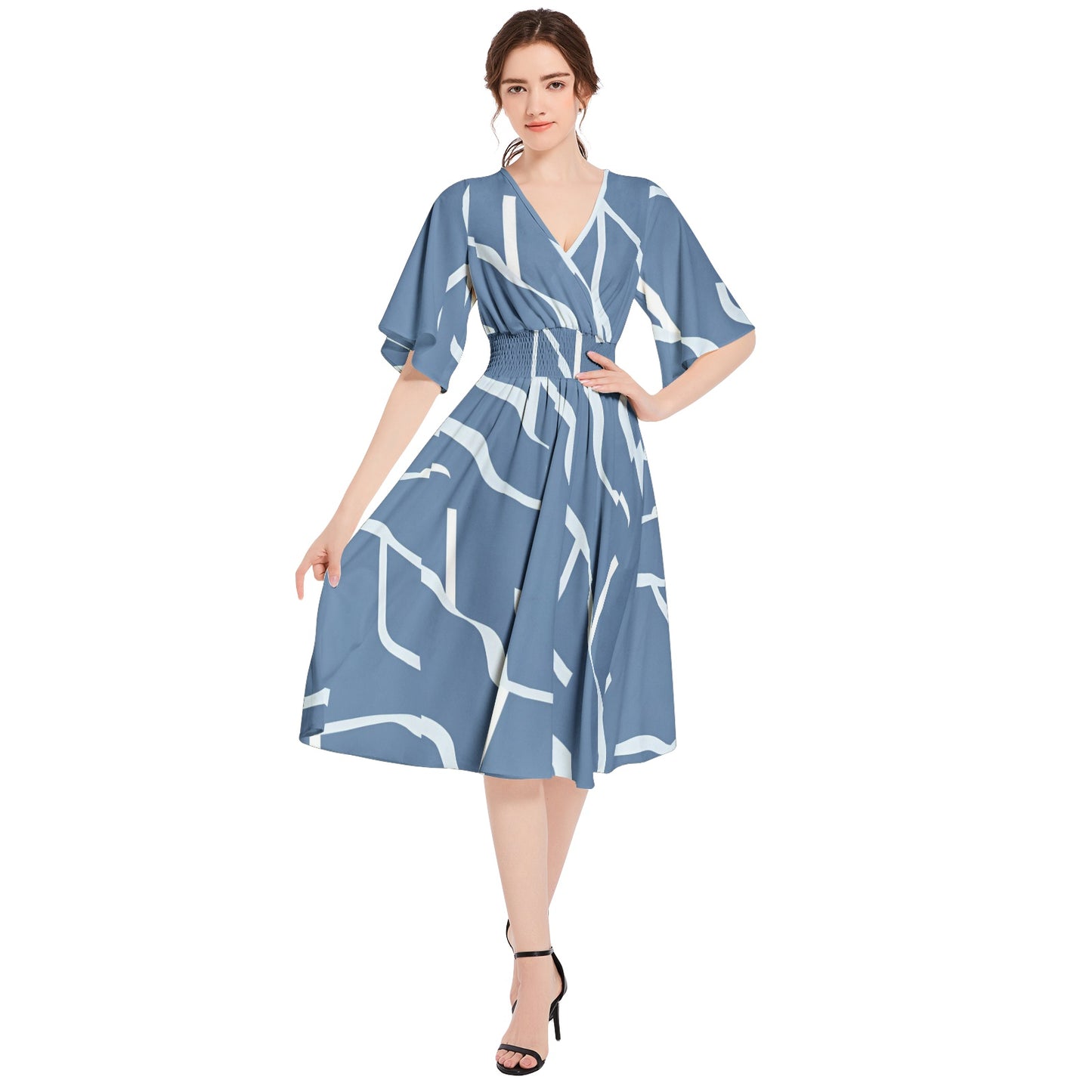 Butterfly Sleeve Shirred High Waist A Line Midi Dress